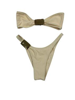 Same Beige Bikini Set With Gold Hardware XS Polyester/Spandex Blend Made In Mexi